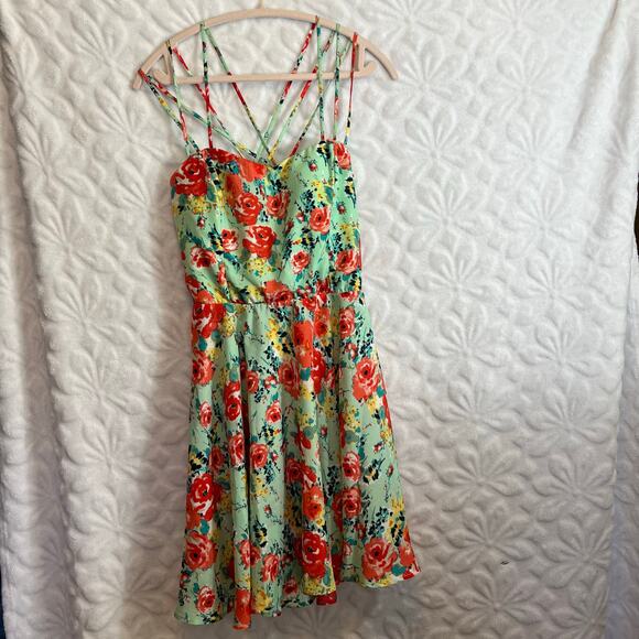 Trixxi mint green floral knee length dress multi spaghetti strap preowned - Picture 1 of 7
